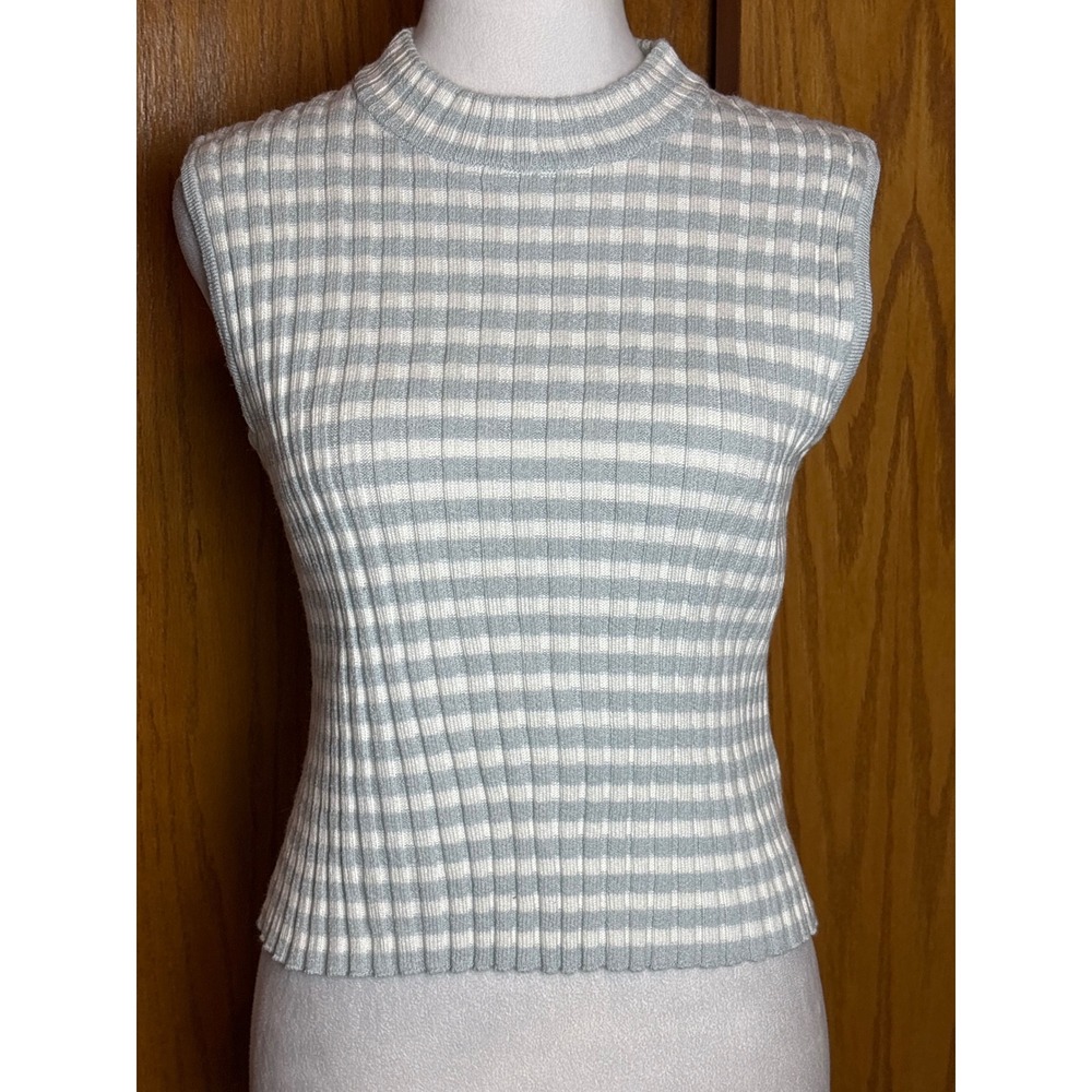 St. John Sport Marie Gray Blue White Striped Ribbed Wool Blend Mock Neck Top P